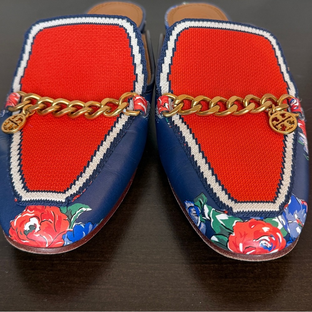 Tory Burch Leather Floral Mules Size 7 – Red & Blue, Excellent Condition